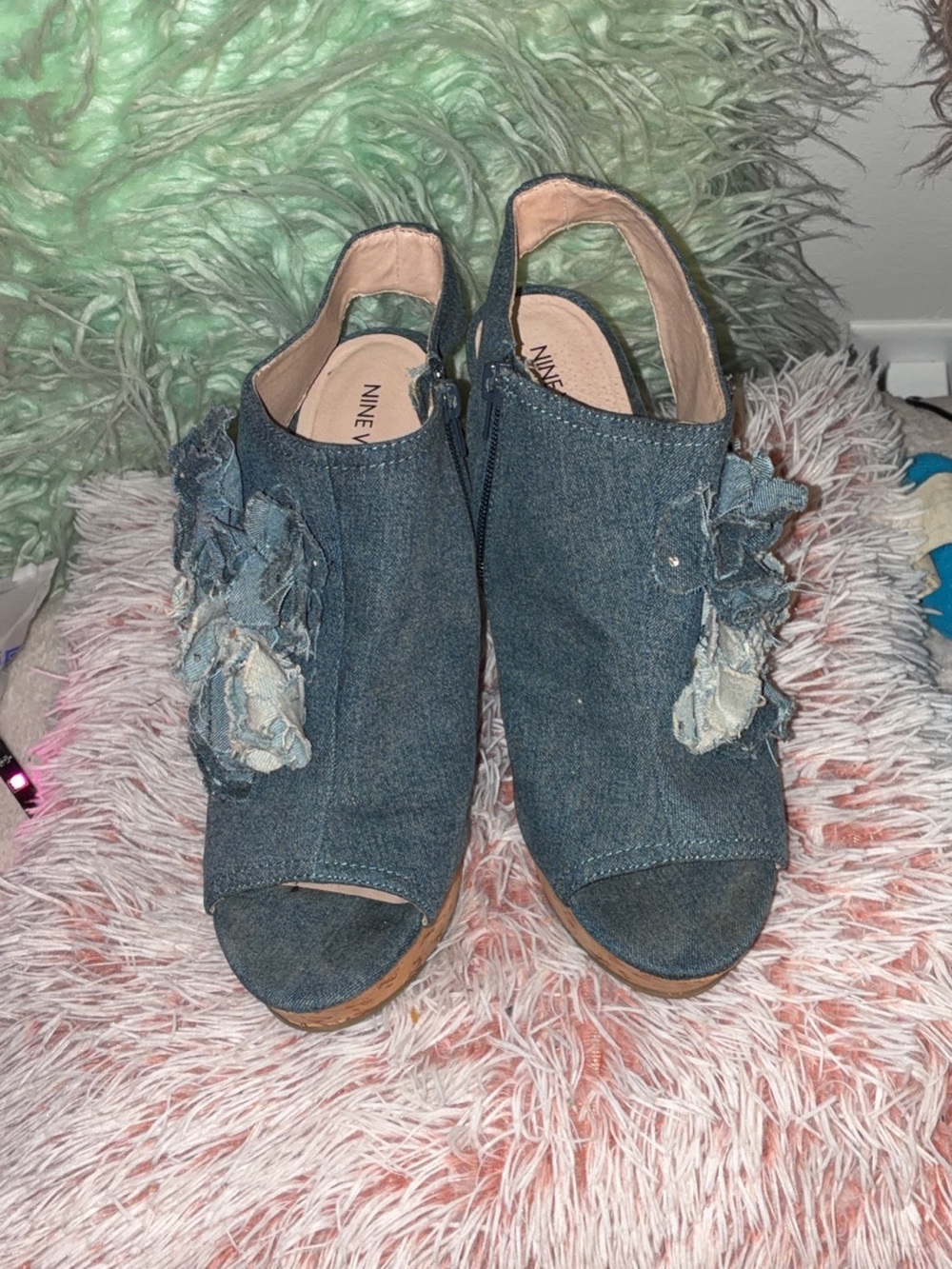 Nine West Blue Denim Peep-Toe Slingbacks with Frayed Floral Accents